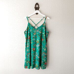 Xhilaration Women’s Sz XL Green Floral Dress Criss Cross Back Slip Cottagecore